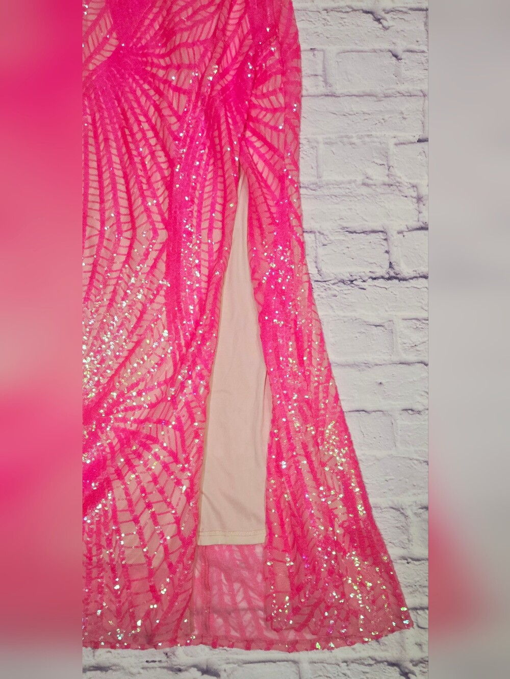 Neon Pink Sequin Two Piece Formal Set One Shoulder Crop Top Maxi Skirt - Picture 5 of 14
